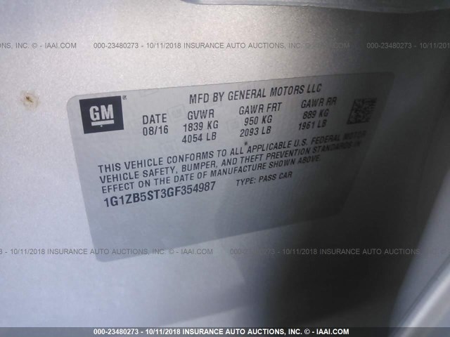 1G1ZB5ST3GF354987 - 2016 CHEVROLET MALIBU LS 银色 照片 9