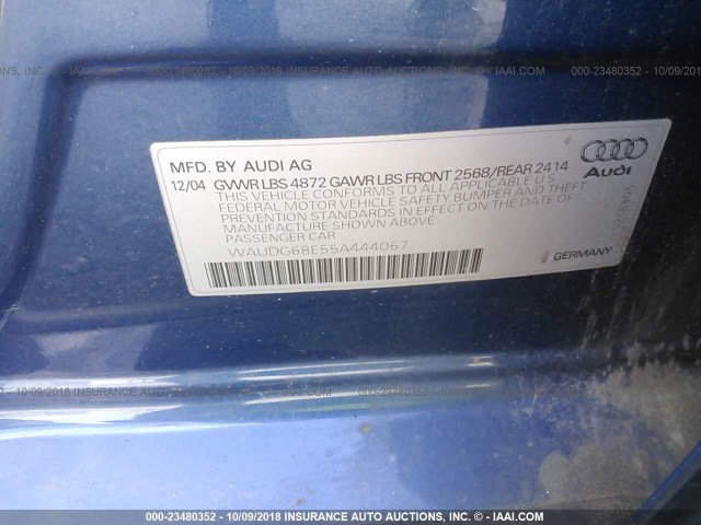 WAUDG68E55A444067 - 2005 AUDI A4 3.2 QUATTRO BLUE photo 9