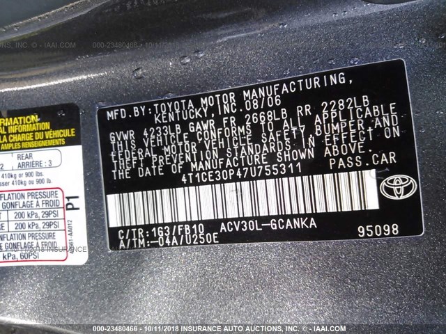 4T1CE30P47U755311 - 2007 TOYOTA CAMRY SOLARA SE/SLE ნაცრისფერი ფოტო 9