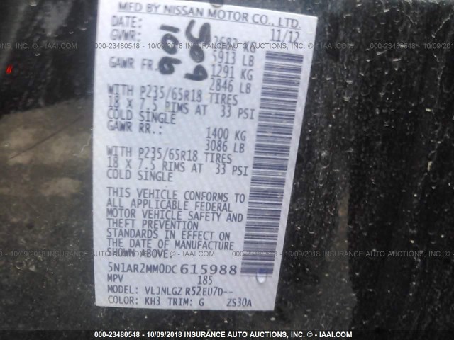 5N1AR2MM0DC615988 - 2013 NISSAN PATHFINDER S/SV/SL/PLATINUM BLACK photo 9