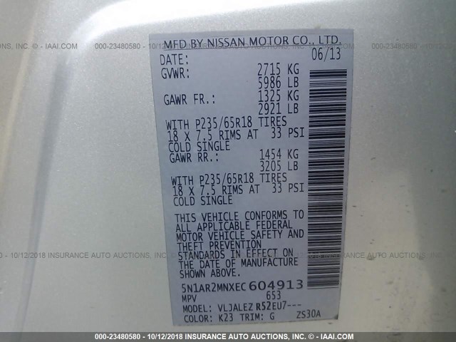 5N1AR2MNXEC604913 - 2014 NISSAN PATHFINDER S/SV/SL/PLATINUM SILVER photo 9