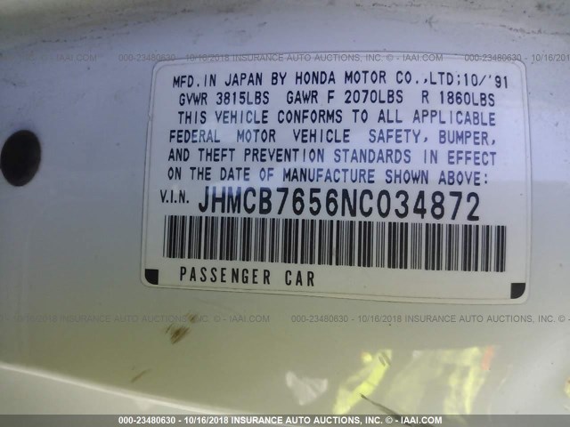 JHMCB7656NC034872 - 1992 HONDA ACCORD LX/EX WHITE photo 9