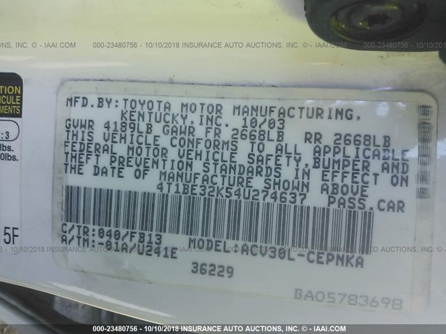 4T1BE32K54U274637 - 2004 TOYOTA CAMRY LE/XLE/SE WHITE photo 9
