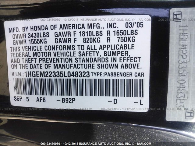 1HGEM22335L048323 - 2005 HONDA CIVIC DX VP BLACK photo 9