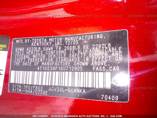 4T1CE38P16U712905 - 2006 TOYOTA CAMRY SOLARA SE/SLE წითელი ფოტო 9