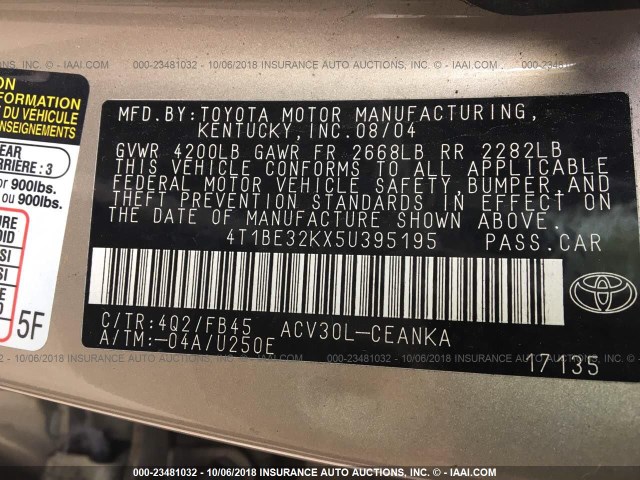 4T1BE32KX5U395195 - 2005 TOYOTA CAMRY LE/XLE/SE Бежевый фото 9