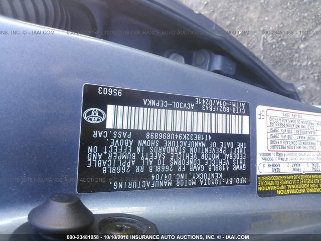 4T1BE32K94U896898 - 2004 TOYOTA CAMRY LE/XLE/SE BLUE photo 9
