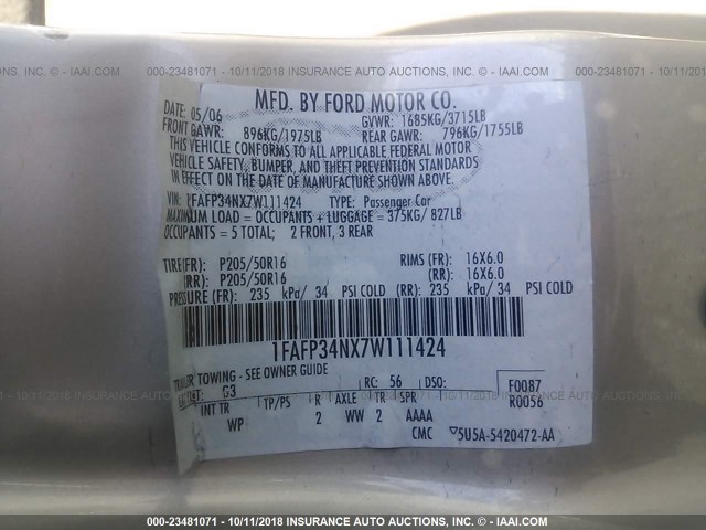 1FAFP34NX7W111424 - 2007 FORD FOCUS ZX4/S/SE/SES ოქროსფერი ფოტო 9