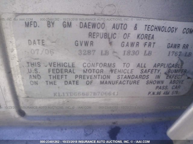 KL1TD66687B706641 - 2007 CHEVROLET AVEO LS SILVER photo 9