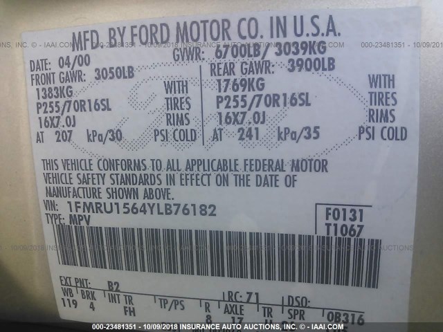 1FMRU1564YLB76182 - 2000 FORD EXPEDITION XLT GOLD photo 9