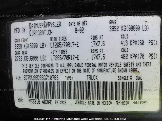 3D7KU28D93G710763 - 2003 DODGE RAM 2500 ST/SLT 黑色 照片 9