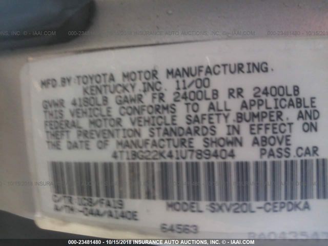 4T1BG22K41U789404 - 2001 TOYOTA CAMRY CE/LE/XLE 银色 照片 9