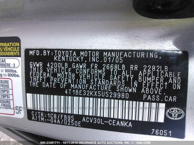 4T1BE32KX5U529980 - 2005 TOYOTA CAMRY LE/XLE/SE Күміс фото 9