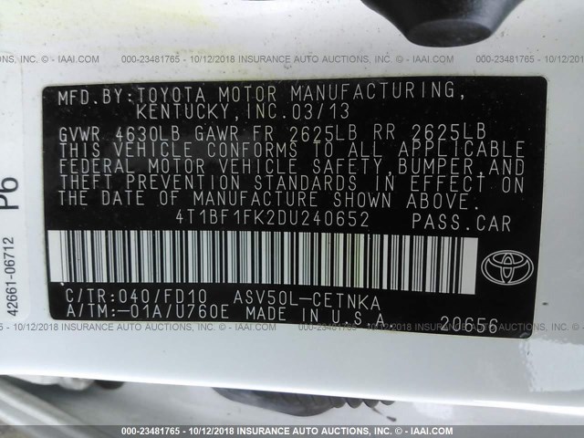 4T1BF1FK2DU240652 - 2013 TOYOTA CAMRY L/SE/LE/XLE 白色 照片 9