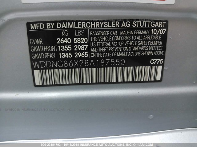 WDDNG86X28A187550 - 2008 MERCEDES-BENZ S 550 4MATIC SILVER photo 9