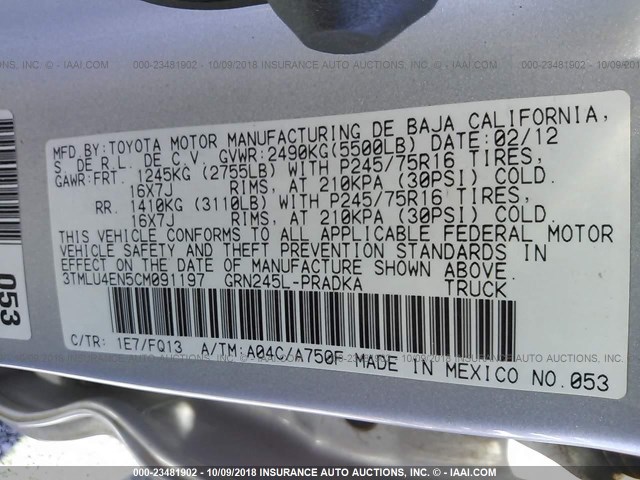 3TMLU4EN5CM091197 - 2012 TOYOTA TACOMA DOUBLE CAB 银色 照片 9