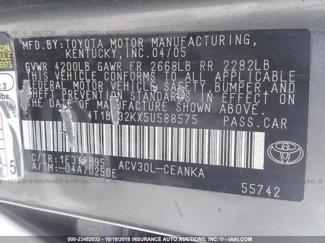 4T1BE32KX5U588575 - 2005 TOYOTA CAMRY LE/XLE/SE Boz foto 9