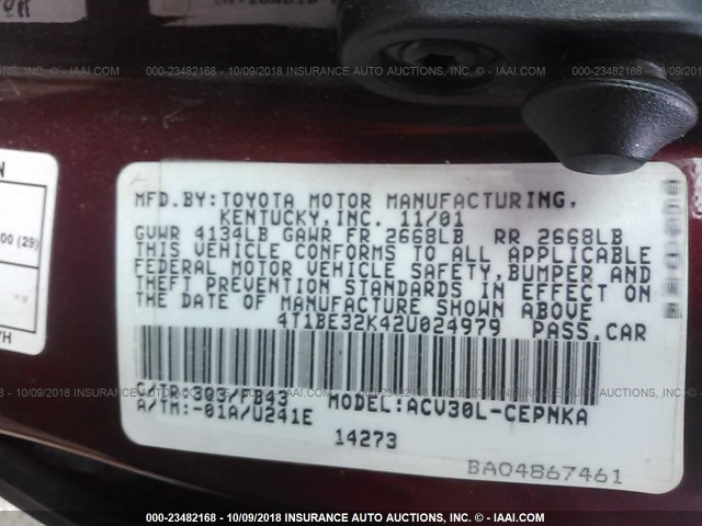 4T1BE32K42U024979 - 2002 TOYOTA CAMRY LE/XLE/SE 栗色 照片 9