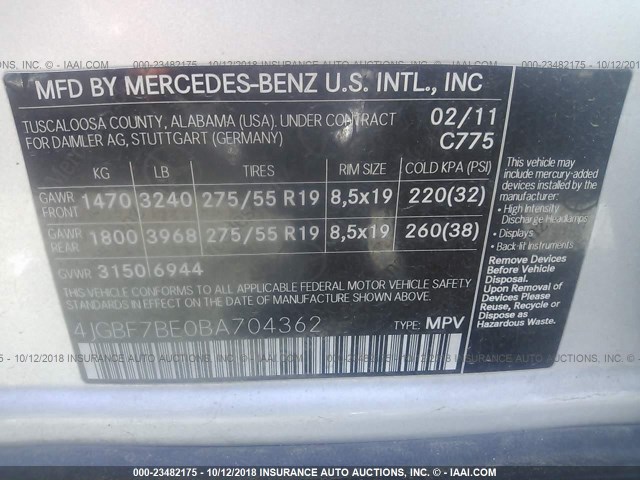 4JGBF7BE0BA704362 - 2011 MERCEDES-BENZ GL 450 4MATIC SILVER photo 9