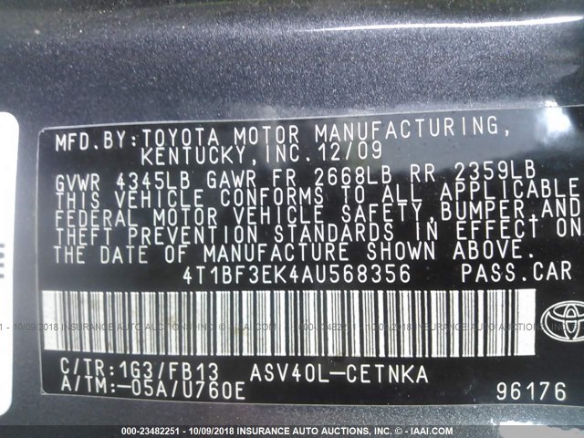 4T1BF3EK4AU568356 - 2010 TOYOTA CAMRY SE/LE/XLE GRAY photo 9