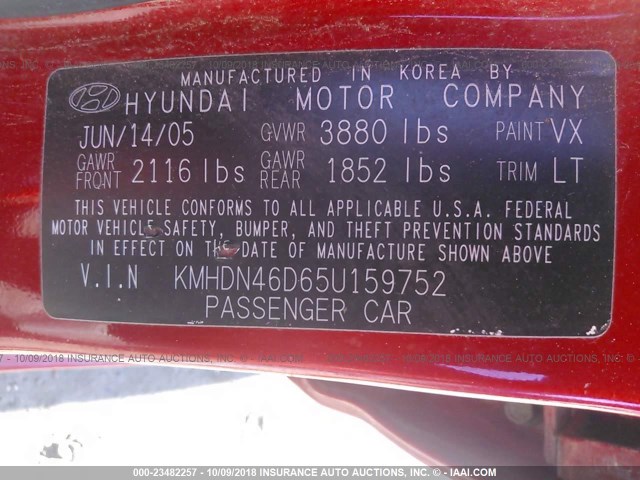 KMHDN46D65U159752 - 2005 HYUNDAI ELANTRA GLS/GT RED photo 9