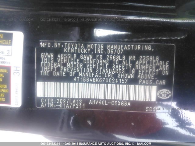 4T1BB46K67U024157 - 2007 TOYOTA CAMRY NEW GENERAT HYBRID BLACK photo 9