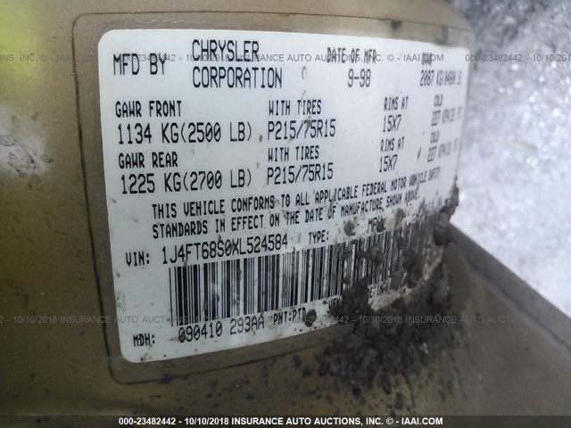 1J4FT68S0XL524584 - 1999 JEEP CHEROKEE SPORT/CLASSIC ოქროსფერი ფოტო 9