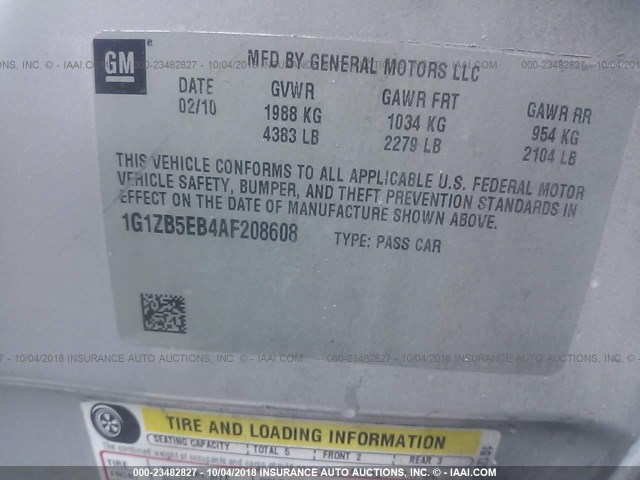 1G1ZB5EB4AF208608 - 2010 CHEVROLET MALIBU LS 银色 照片 9