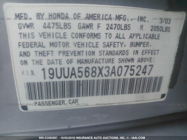 19UUA568X3A075247 - 2003 ACURA 3.2TL TYPE-S SILVER photo 9