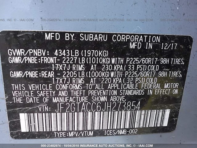 JF2GTACC6JH273854 - 2018 SUBARU CROSSTREK PREMIUM Ашық көк фото 9