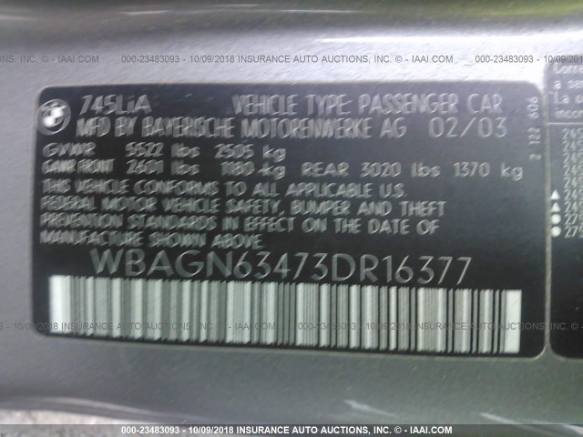 WBAGN63473DR16377 - 2003 BMW 745 LI SILVER photo 9