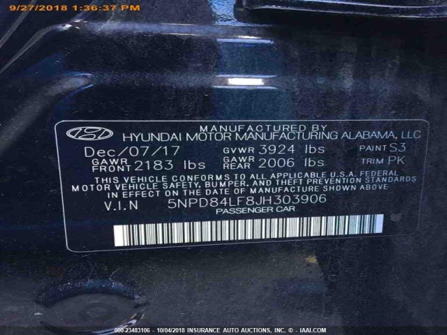 5NPD84LF8JH303906 - 2018 HYUNDAI ELANTRA SEL/VALUE/LIMITED BLACK photo 15