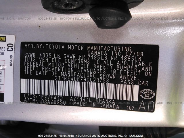 2T1KE40E79C023758 - 2009 TOYOTA COROLLA MATRIX S SILVER photo 9