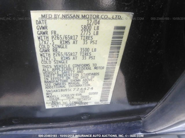 5N1AR18U95C724424 - 2005 NISSAN PATHFINDER LE/SE/XE BLACK photo 9