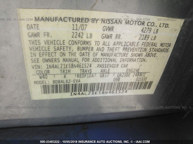 1N4AL21E58N461524 - 2008 NISSAN ALTIMA 2.5/2.5S GRAY photo 9