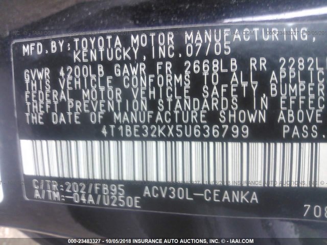 4T1BE32KX5U636799 - 2005 TOYOTA CAMRY LE/XLE/SE Qara foto 9