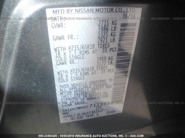 5N1AR2MM4EC712161 - 2014 NISSAN PATHFINDER S/SV/SL/PLATINUM GRAY photo 9