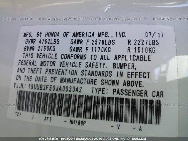 19UUB3F50JA003042 - 2018 ACURA TLX TECH 白色 照片 9