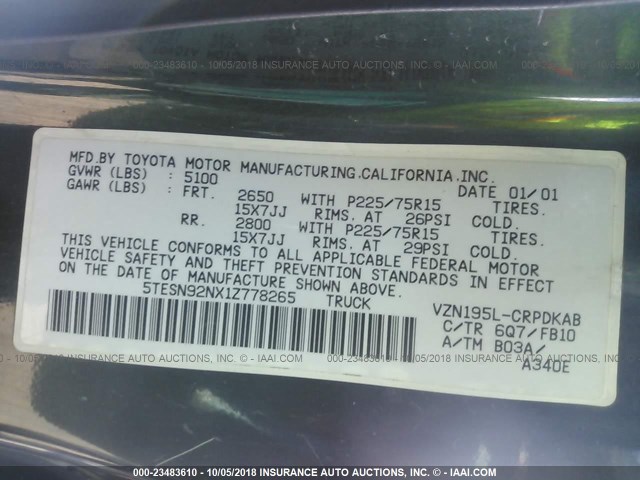 5TESN92NX1Z778265 - 2001 TOYOTA TACOMA XTRACAB PRERUNNER მწვანე ფოტო 9