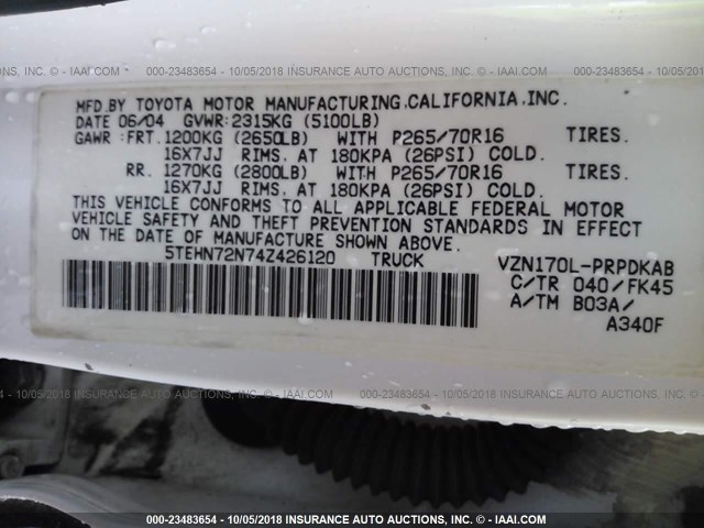 5TEHN72N74Z426120 - 2004 TOYOTA TACOMA DOUBLE CAB 白色 照片 9