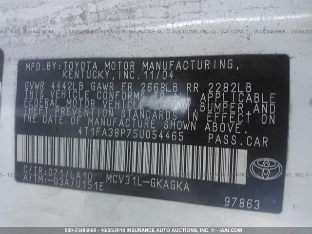 4T1FA38P75U054465 - 2005 TOYOTA CAMRY SOLARA SE/SLE Ağ foto 9