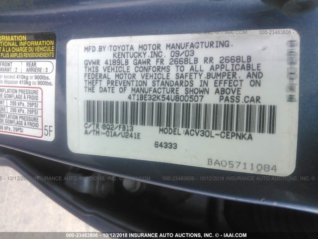 4T1BE32K54U800507 - 2004 TOYOTA CAMRY LE/XLE/SE BLUE photo 9