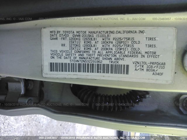 5TEHN72N53Z291962 - 2003 TOYOTA TACOMA DOUBLE CAB 银色 照片 9