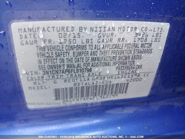 3N1CN7AP6FL910799 - 2015 NISSAN VERSA S/S PLUS/SV/SL BLUE photo 9