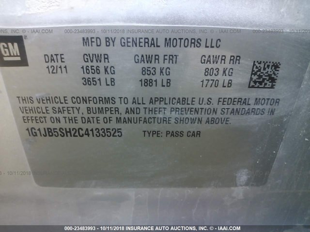 1G1JB5SH2C4133525 - 2012 CHEVROLET SONIC LS 银色 照片 9