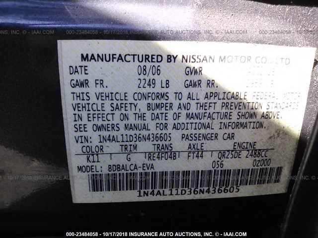 1N4AL11D36N436605 - 2006 NISSAN ALTIMA S/SL GRAY photo 9