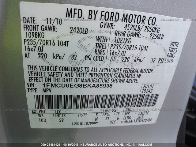 1FMCU0EG8BKA85938 - 2011 FORD ESCAPE LIMITED SILVER photo 9