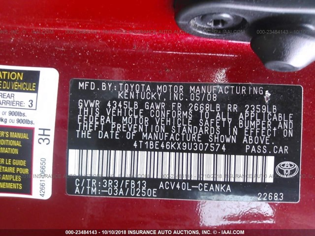4T1BE46KX9U307574 - 2009 TOYOTA CAMRY SE/LE/XLE 红色 照片 9