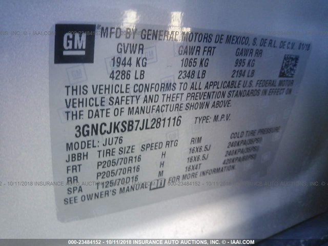 3GNCJKSB7JL281116 - 2018 CHEVROLET TRAX LS SILVER photo 9