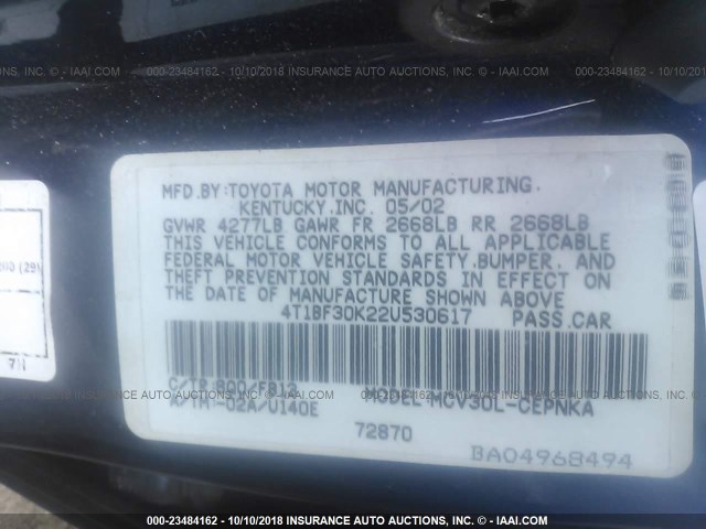 4T1BF30K22U530617 - 2002 TOYOTA CAMRY LE/XLE/SE Көк фото 9